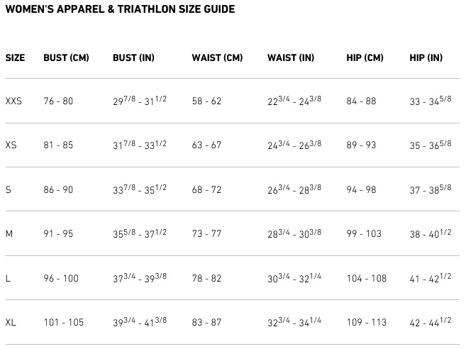 2XU Womens Apparel and Triathlon Size Guide 21 (image) 0 Størrelsesskema